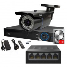 Kit IP 1 Camere Color Varifocale 2.8-12mm supraveghere video AKU SUPER CLEAR HD 2 MP + NVR 4 canale FULL HD 1080P 3-5MP + HDD 1 TERRA, SWITCH, 50m infrarosu, cu vizualizare pe telefon mobil tableta desktop AK99221H